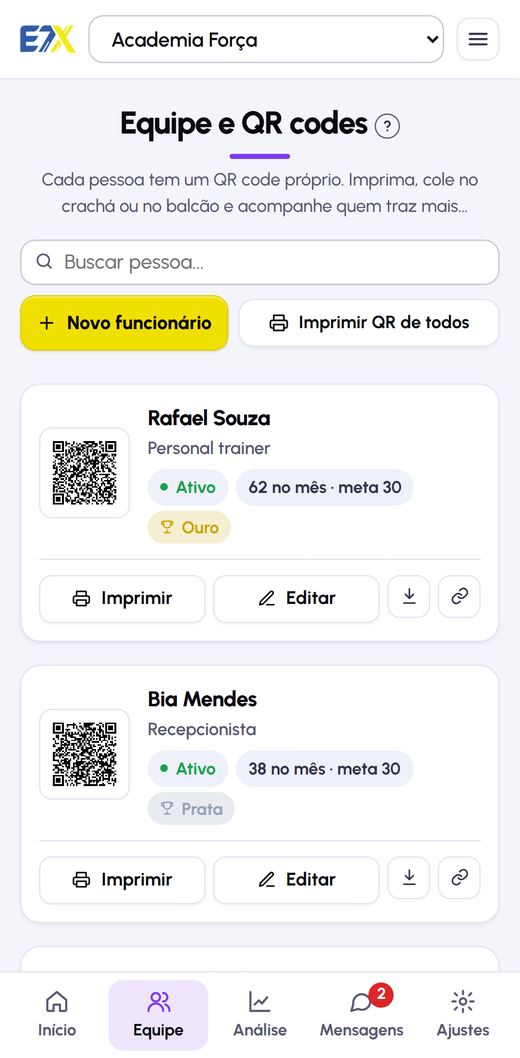 Tela Equipe no celular