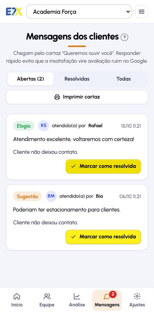 Tela Mensagens no painel